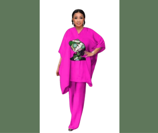 Ensemble Boubou Moderne Femme – Fuchsia Élégant avec Motif Africain